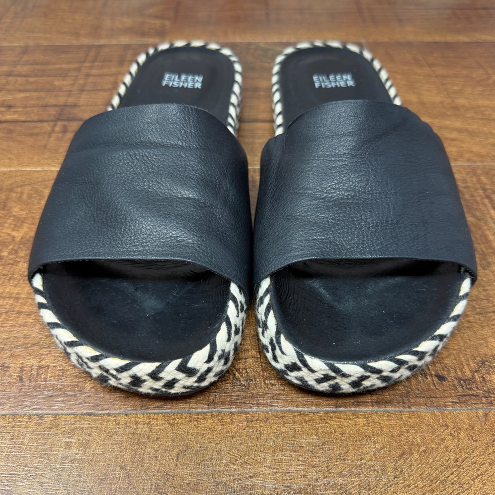 Eileen Fisher Pear Black Leather Chevron Woven Espadrille Slide Sandals 7 - Picture 7 of 15